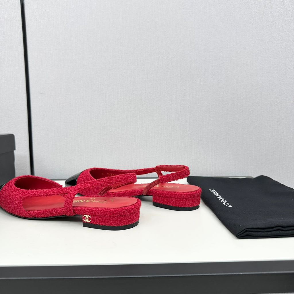 Chanel Slingback Rose Red Tweed and Black Calfskin