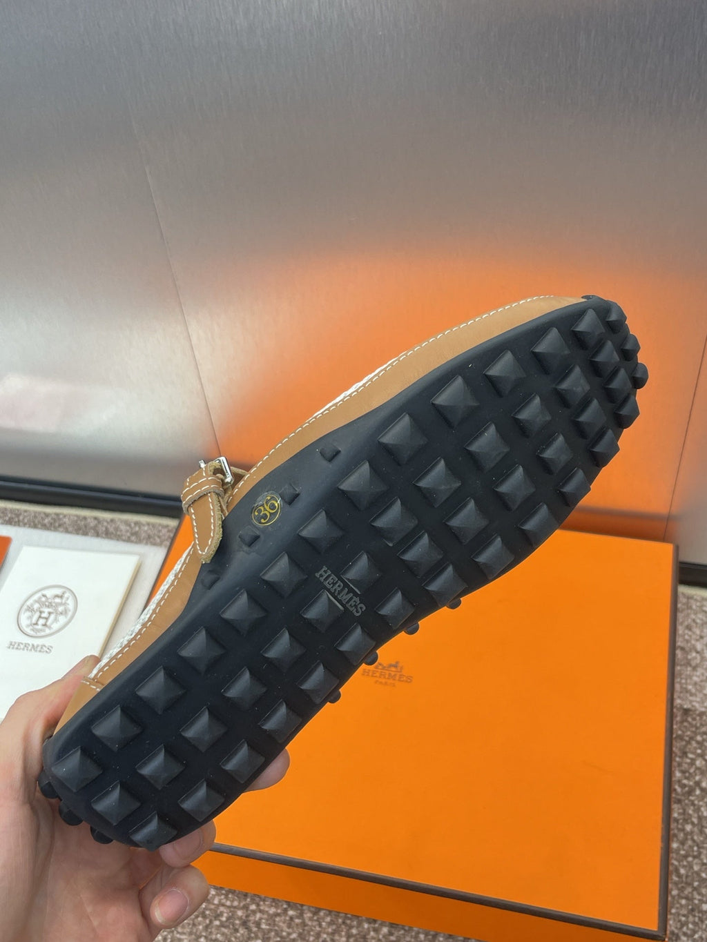 Hermes Kichu Ballet Flat in Bronze Brown Crochet Knit and Calfskin