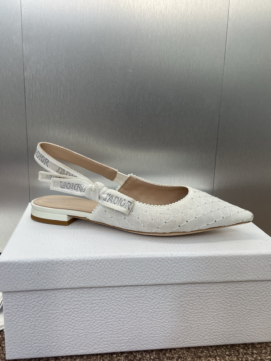 Dior J'A Slingback 25S in White Fabric Embossed Crystal
