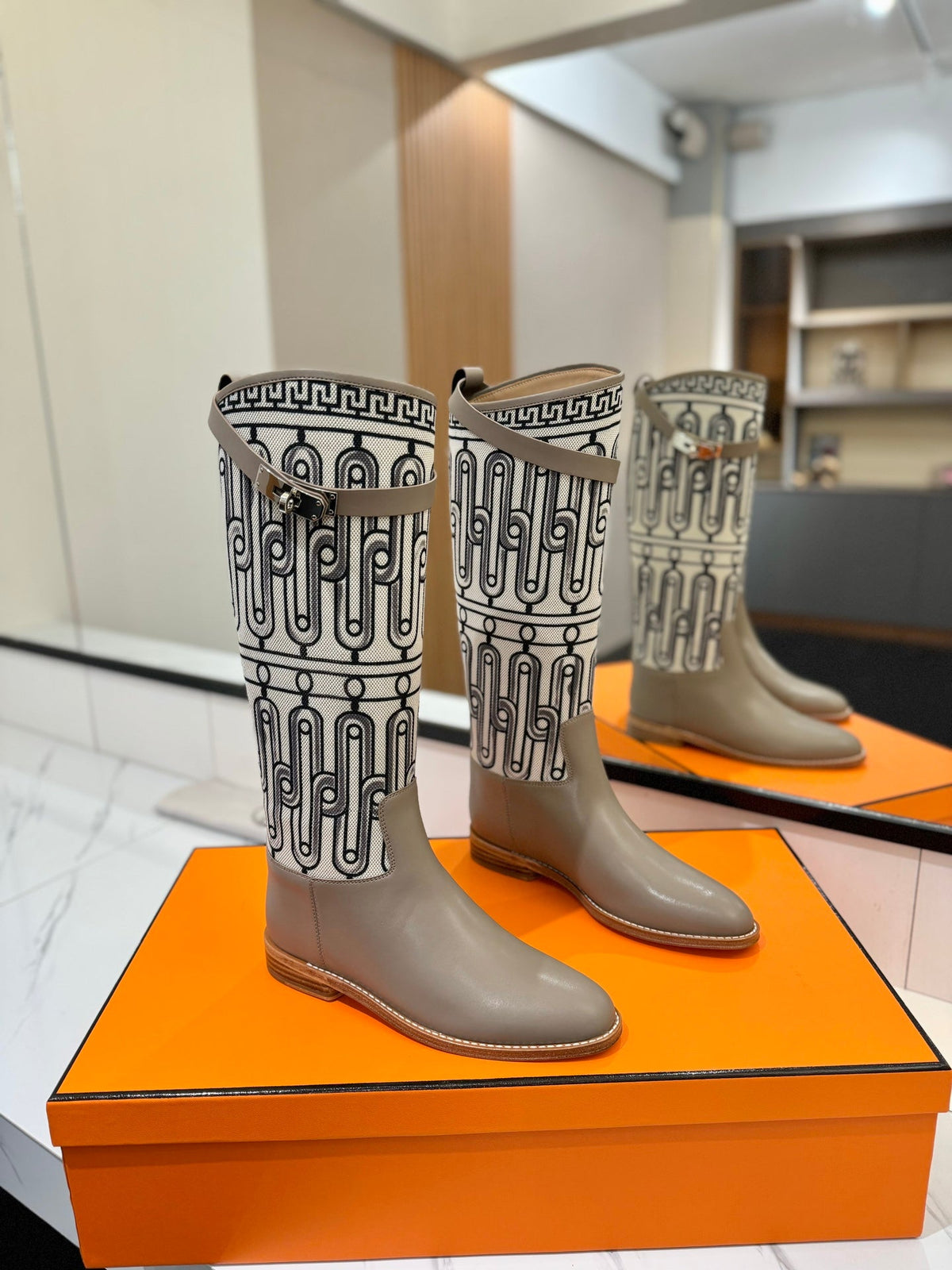 Hermes Jumping Boot 2 cm in Pastel Gray Calfskin and Black Mix White Fabric