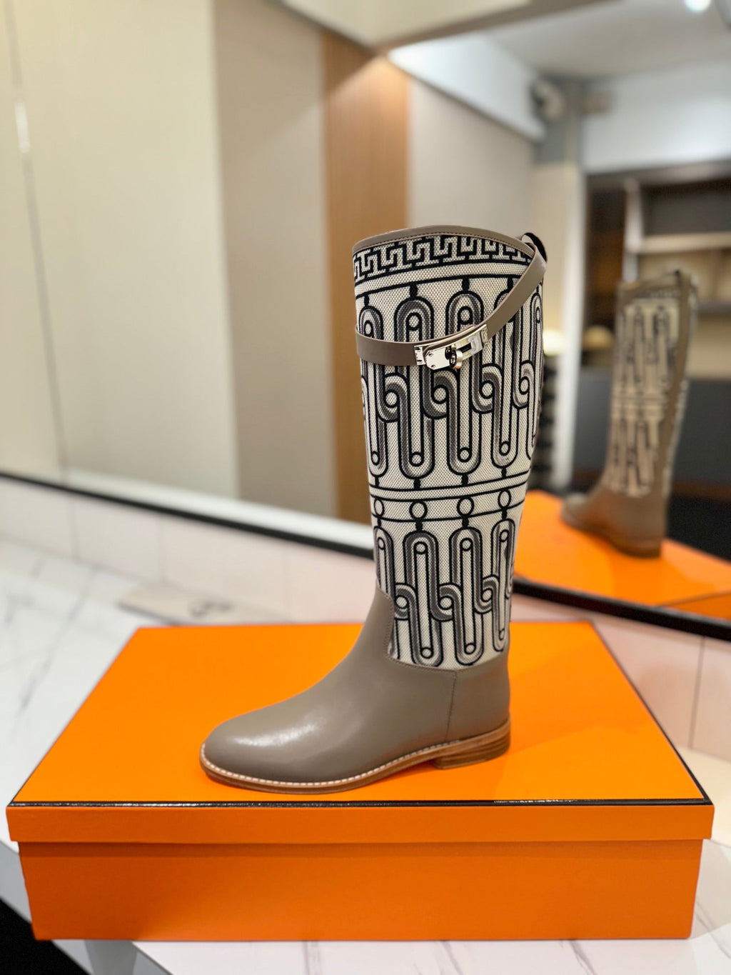 Hermes Jumping Boot 2 cm in Pastel Gray Calfskin and Black Mix White Fabric