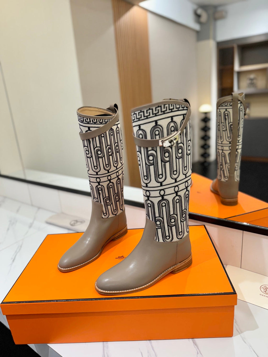 Hermes Jumping Boot 2 cm in Pastel Gray Calfskin and Black Mix White Fabric