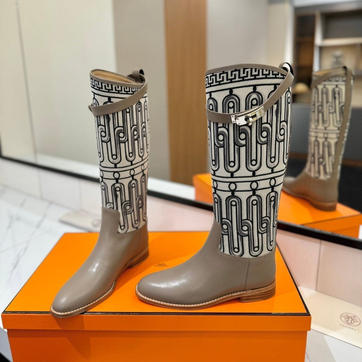 Hermes Jumping Boot 2 cm in Pastel Gray Calfskin and Black Mix White Fabric