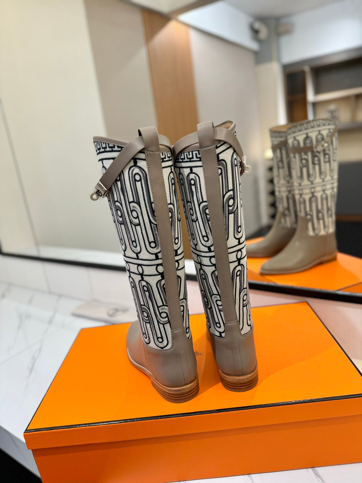 Hermes Jumping Boot 2 cm in Pastel Gray Calfskin and Black Mix White Fabric