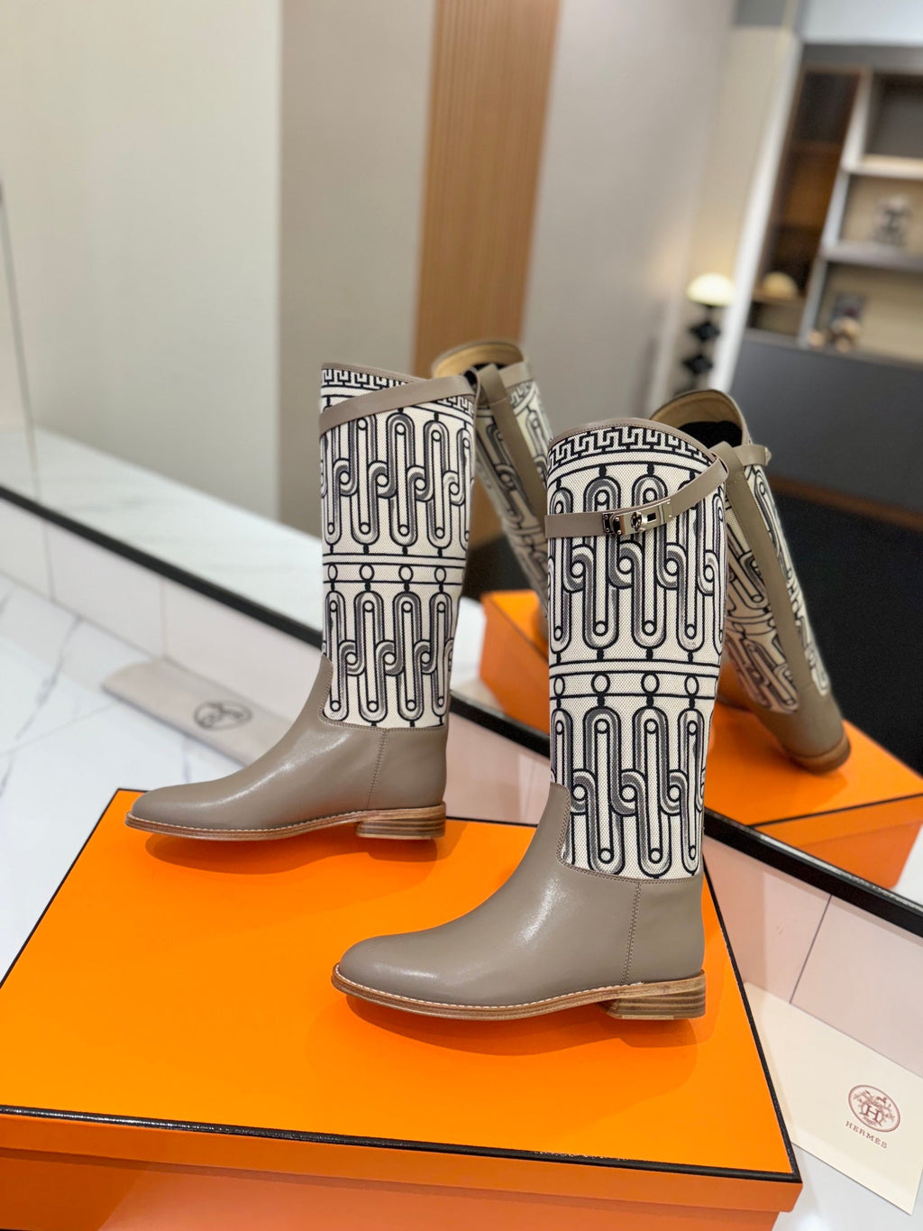 Hermes Jumping Boot 2 cm in Pastel Gray Calfskin and Black Mix White Fabric