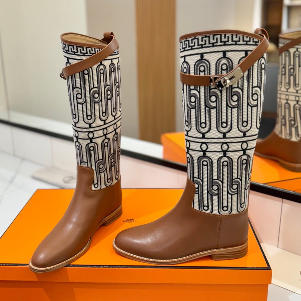 Hermes Jumping Boot 2 cm in Bronze Brown Calfskin and Black Mix White Fabric