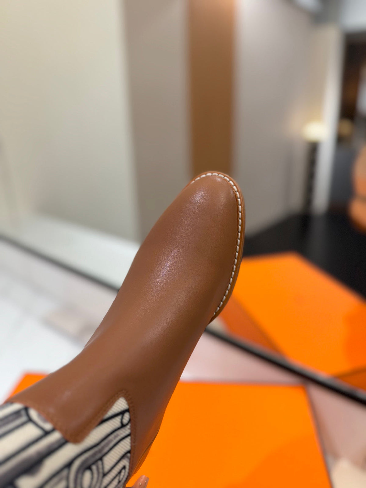 Hermes Jumping Boot 2 cm in Bronze Brown Calfskin and Black Mix White Fabric