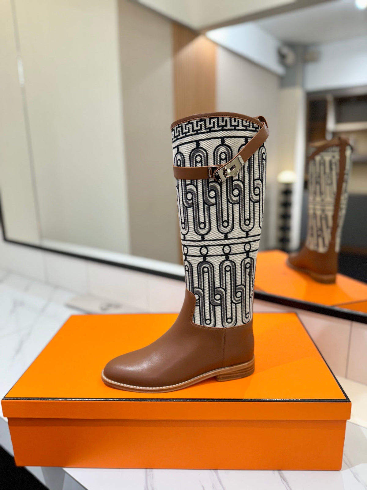 Hermes Jumping Boot 2 cm in Bronze Brown Calfskin and Black Mix White Fabric