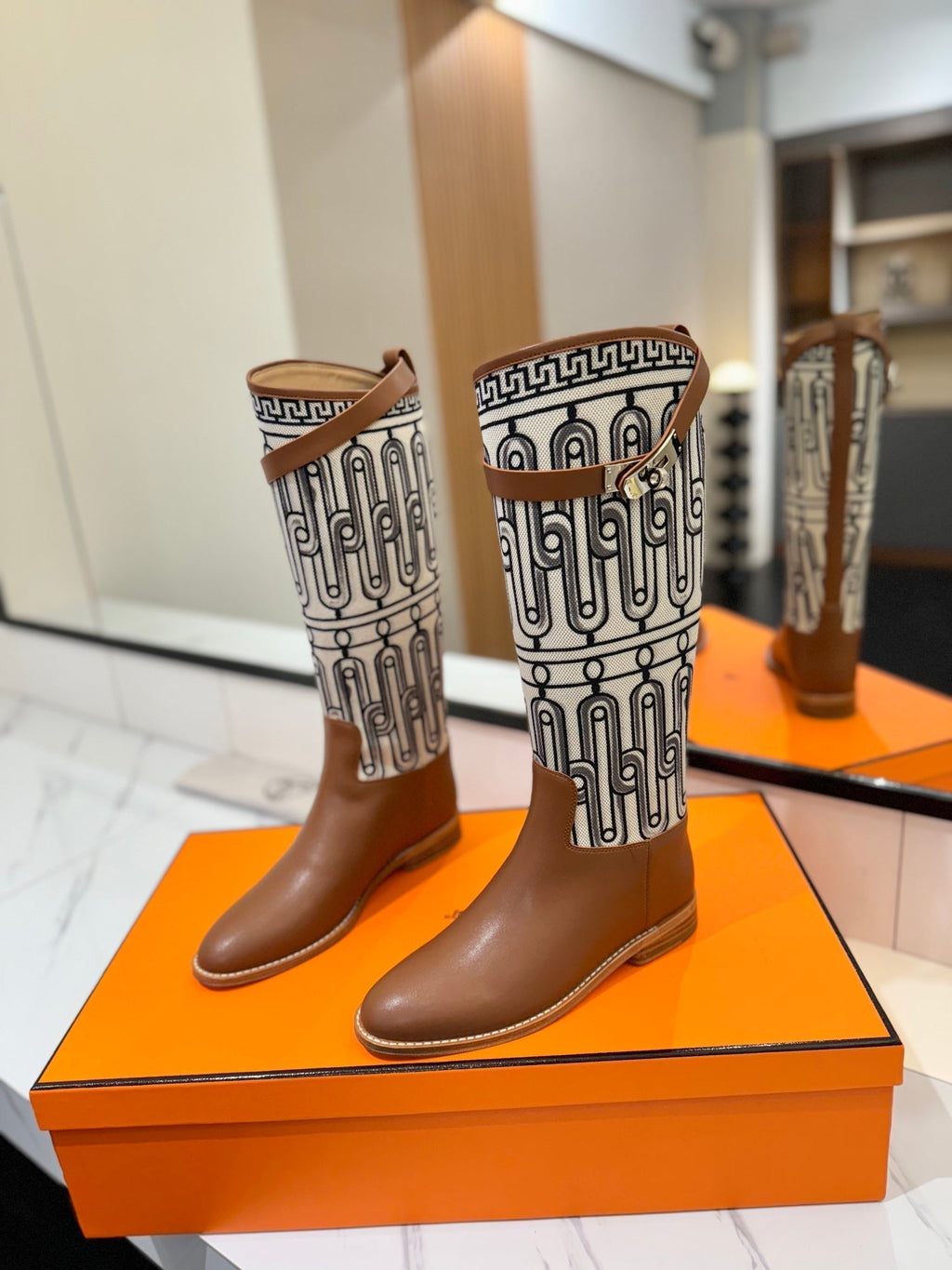Hermes Jumping Boot 2 cm in Bronze Brown Calfskin and Black Mix White Fabric
