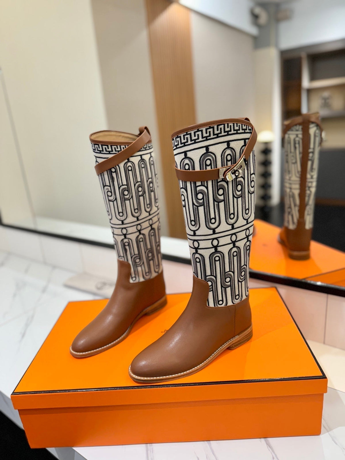 Hermes Jumping Boot 2 cm in Bronze Brown Calfskin and Black Mix White Fabric