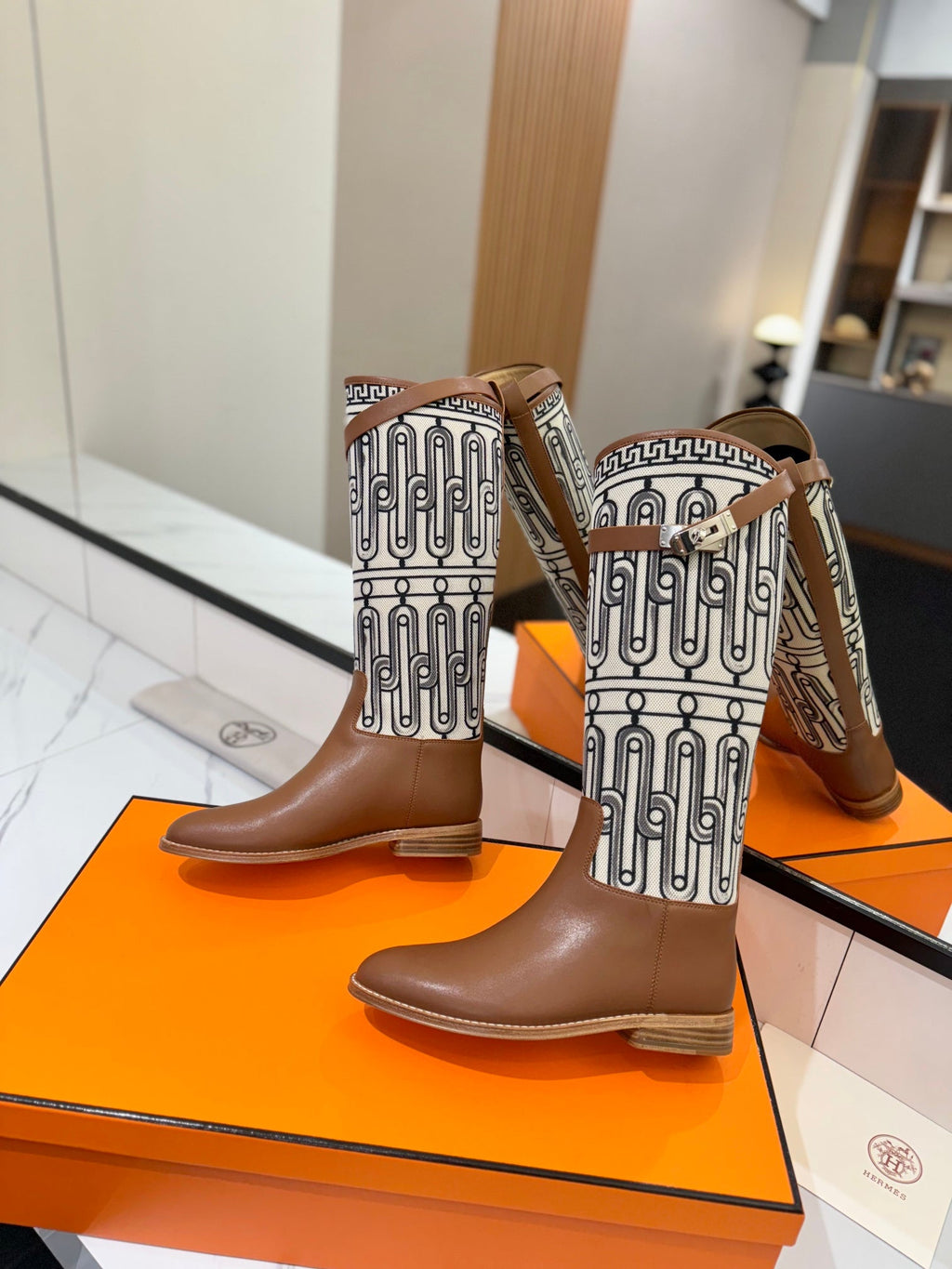 Hermes Jumping Boot 2 cm in Bronze Brown Calfskin and Black Mix White Fabric