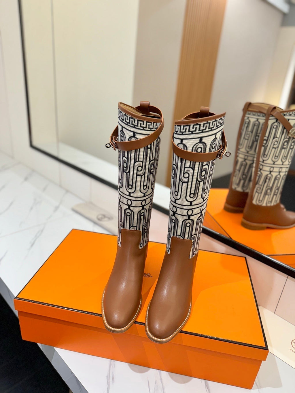 Hermes Jumping Boot 2 cm in Bronze Brown Calfskin and Black Mix White Fabric