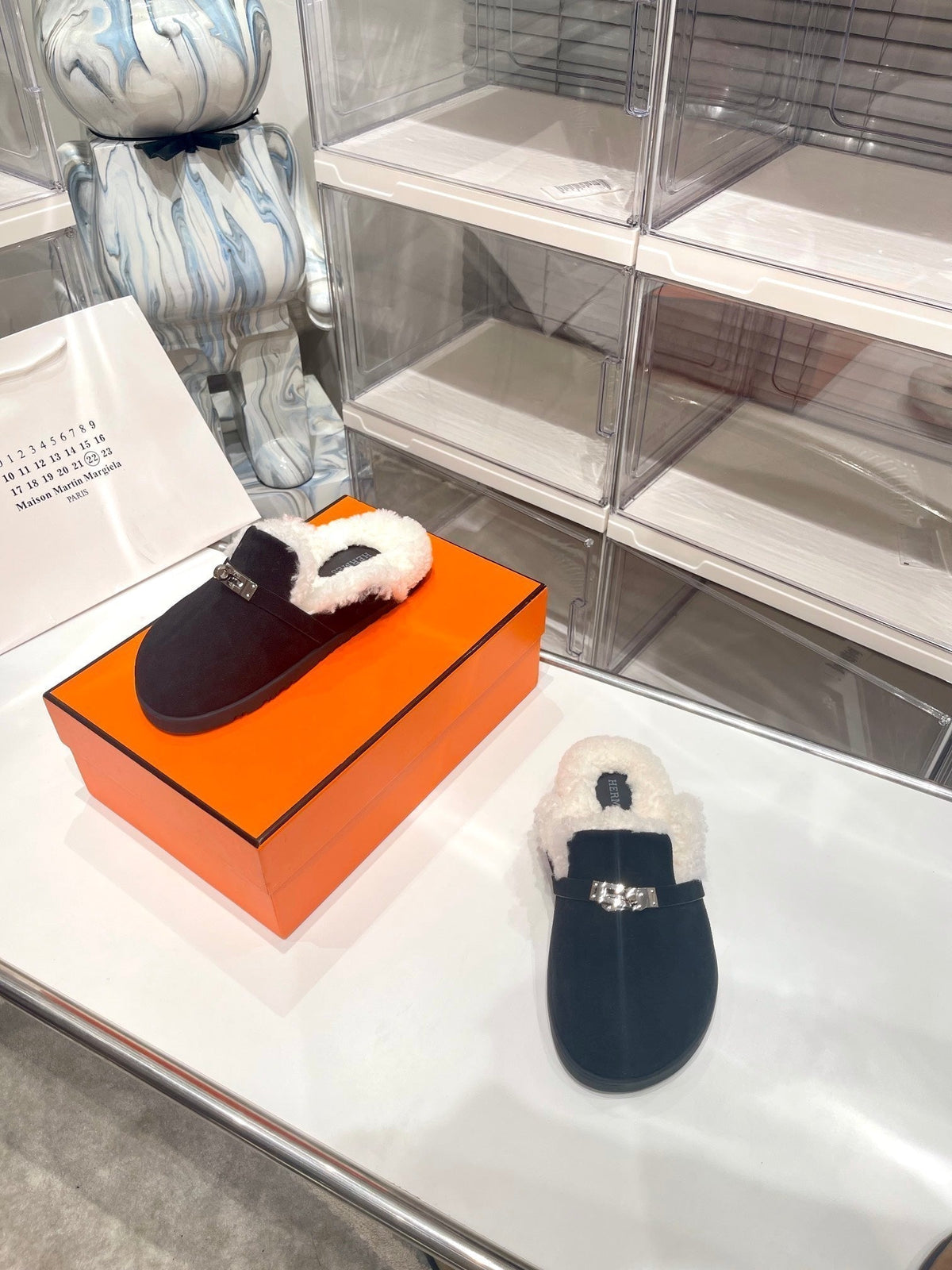 Hermes Slip-On Mule in Black Suede and Shearling Lining