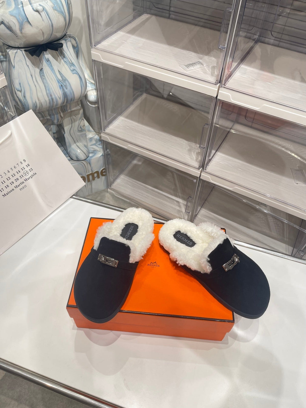 Hermes Slip-On Mule in Black Suede and Shearling Lining