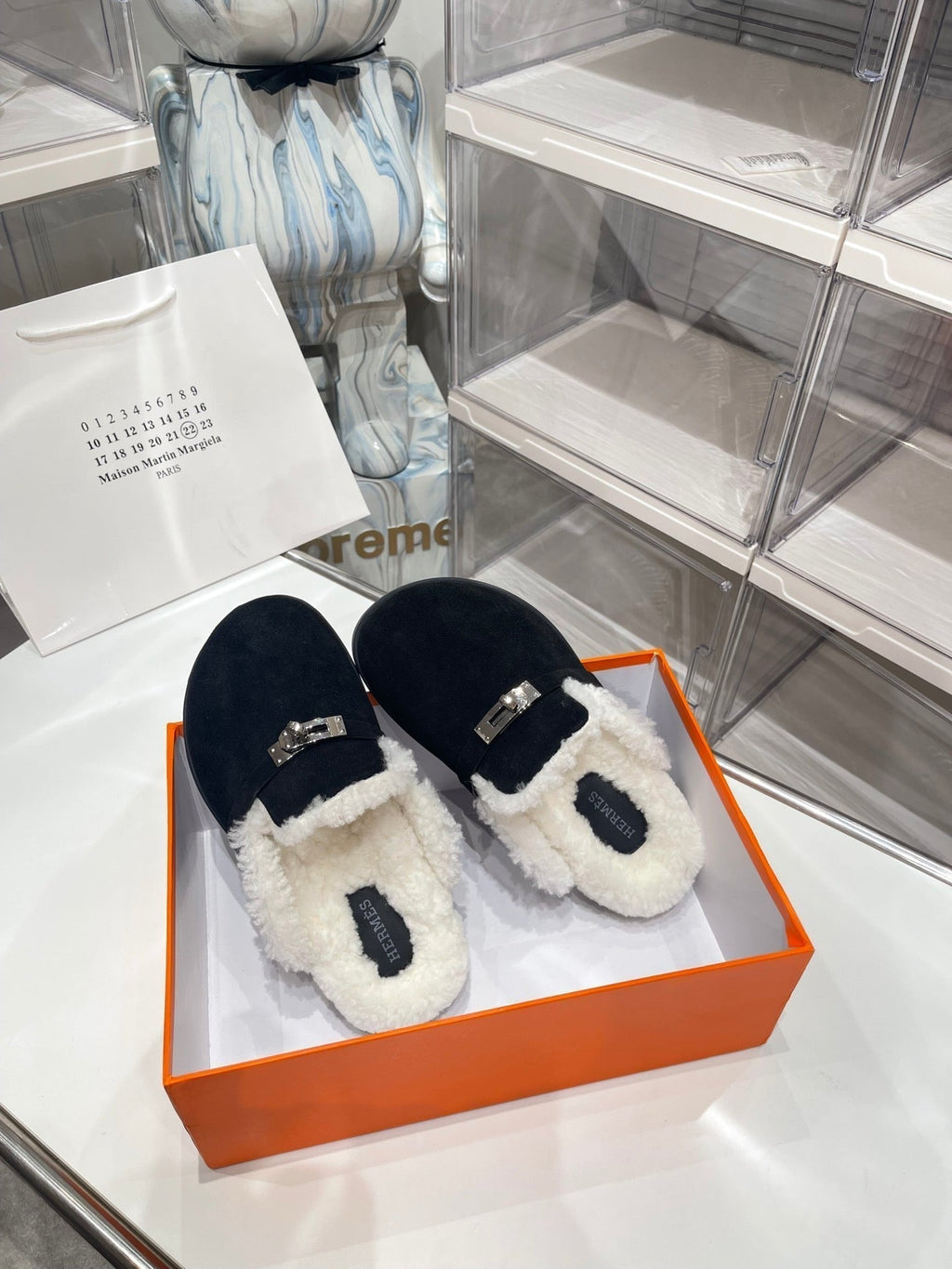 Hermes Slip-On Mule in Black Suede and Shearling Lining