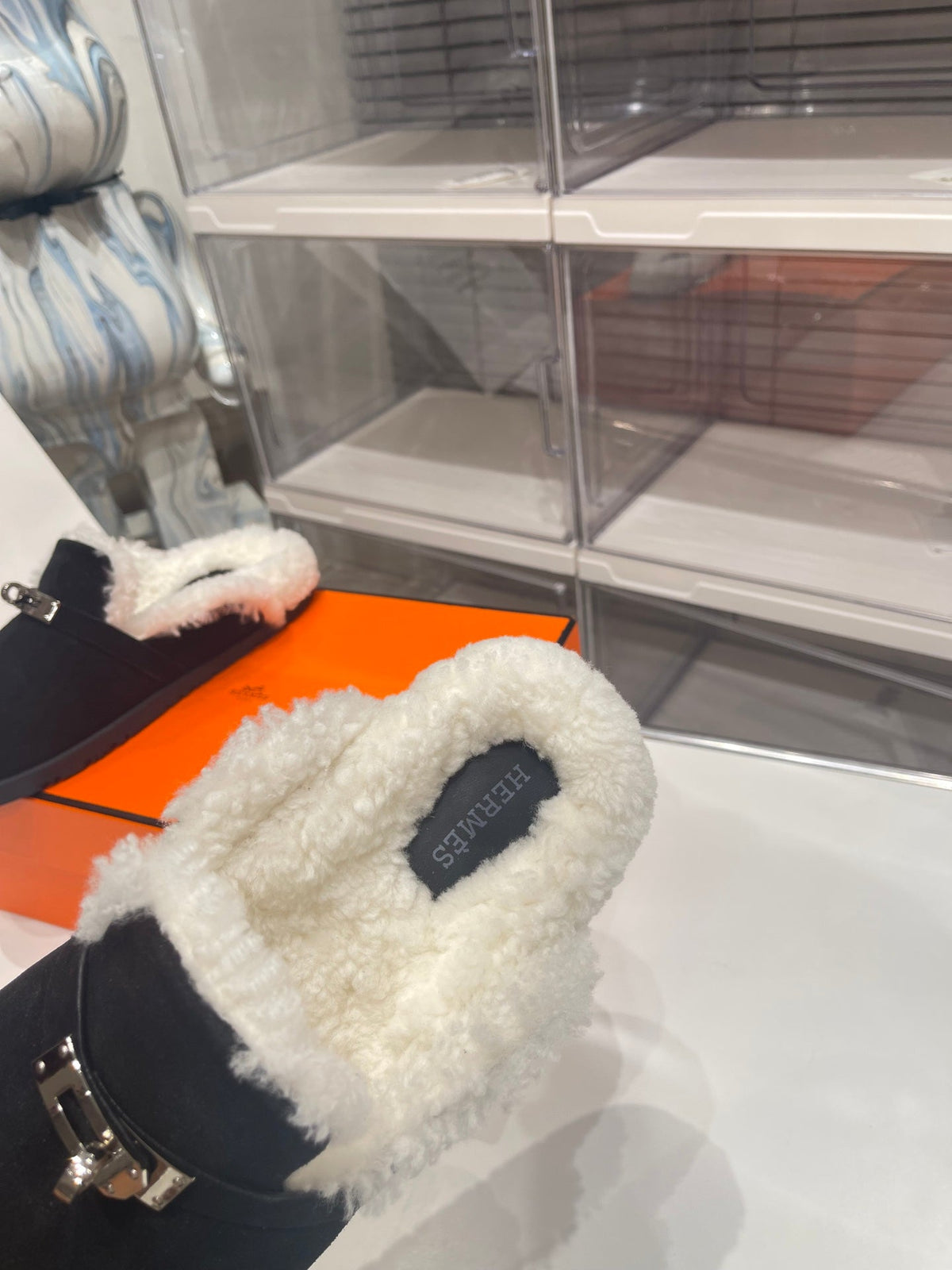 Hermes Slip-On Mule in Black Suede and Shearling Lining