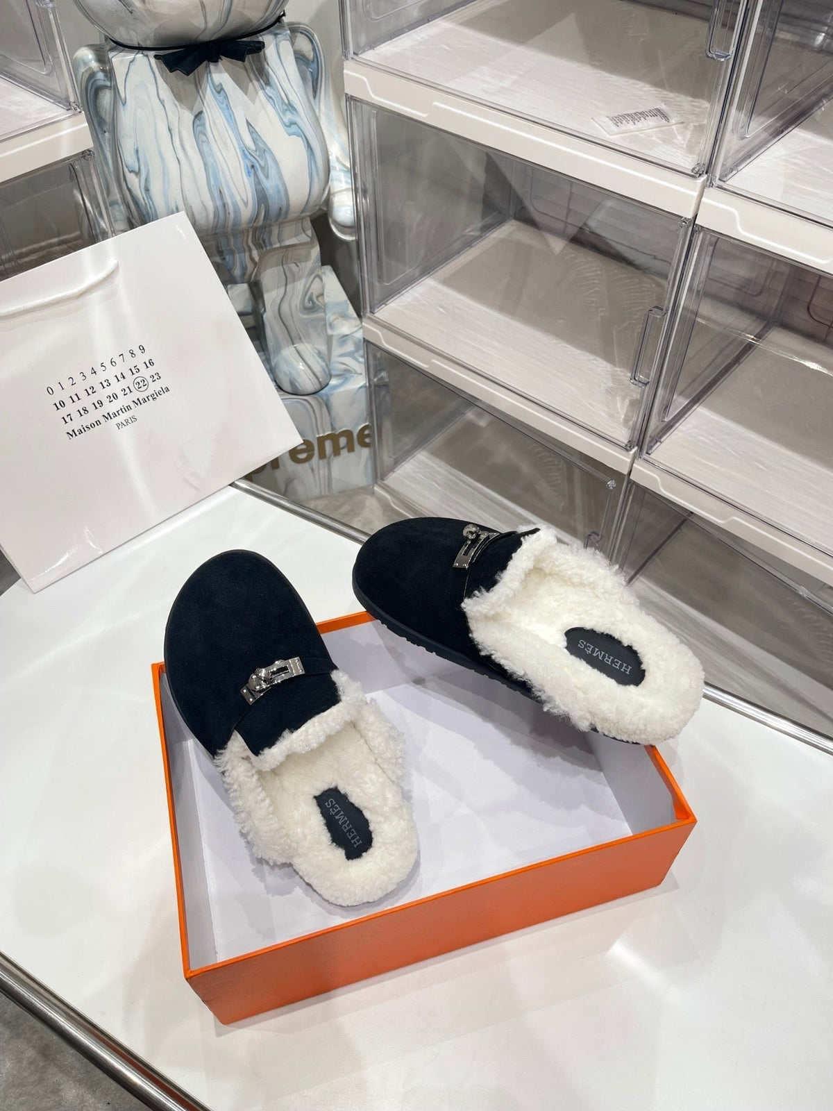 Hermes Slip-On Mule in Black Suede and Shearling Lining