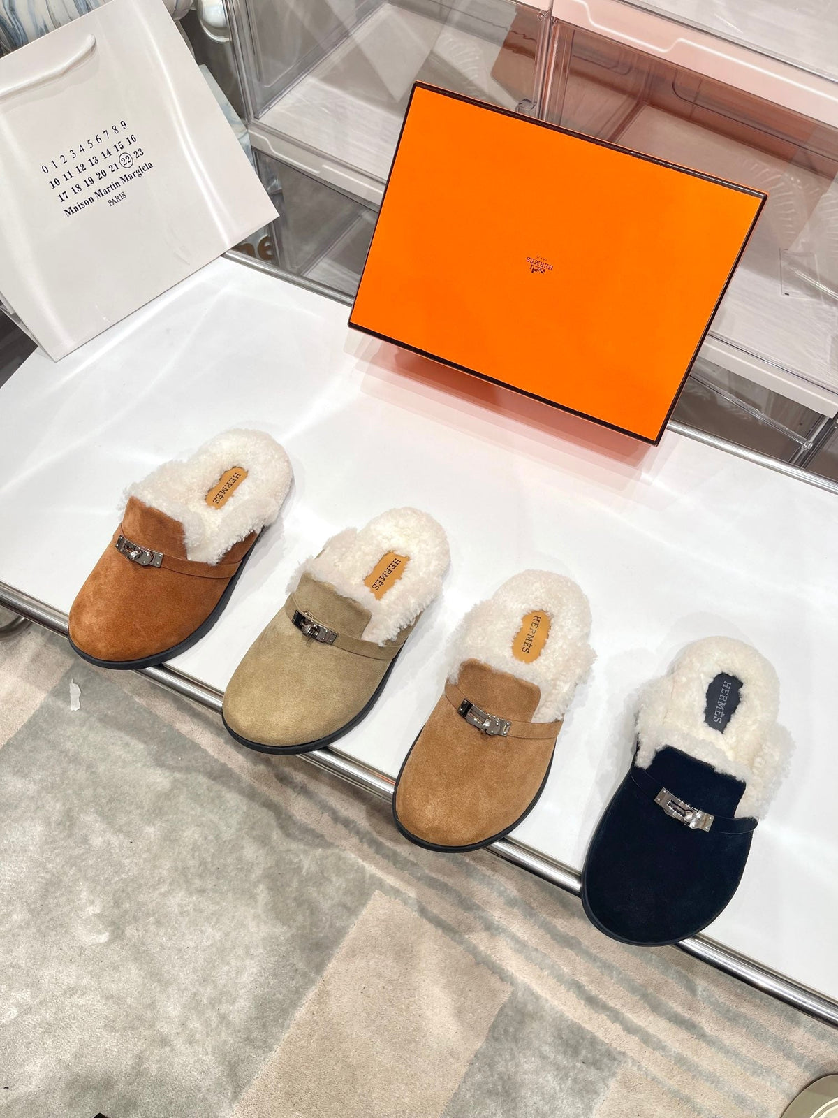 Hermes Slip-On Mule in Black Suede and Shearling Lining