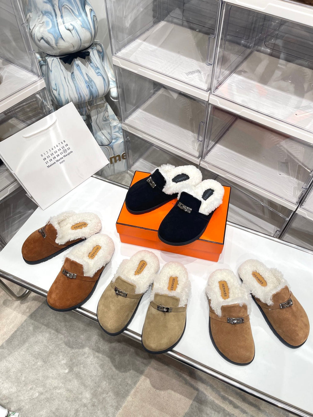 Hermes Slip-On Mule in Medium Brown Suede and Shearling Lining