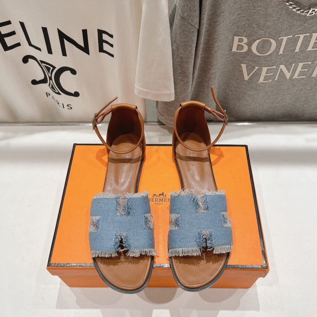 Hermes Santorini Sandal Bleu Clair Lambskin