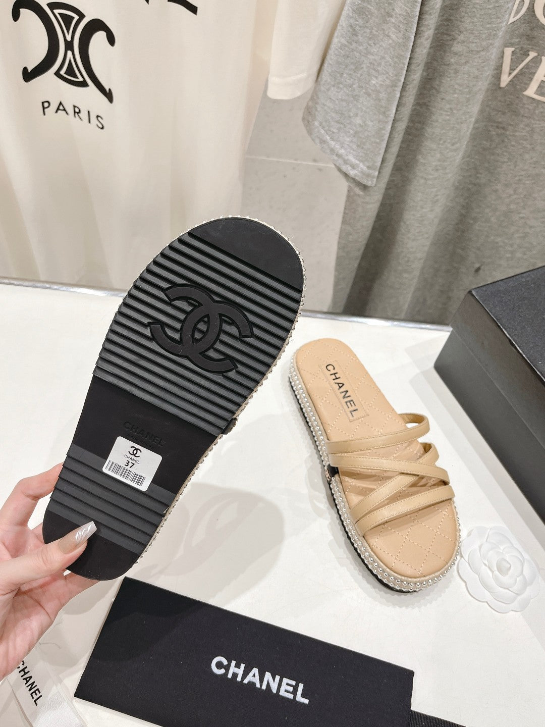 Chanel Slippers Cross Straps in Beige Cream Lambskin