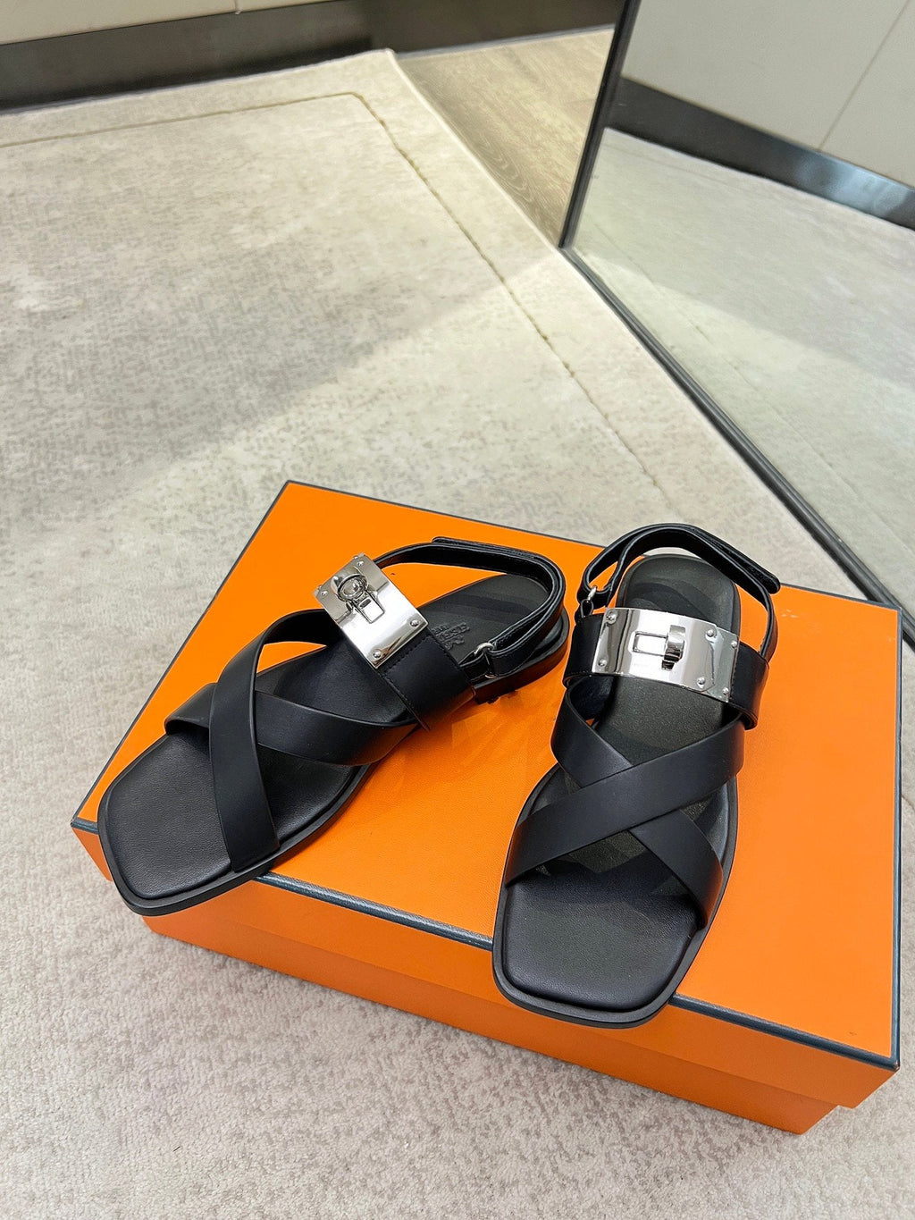 Hermes Ines Sandal Black Calfskin