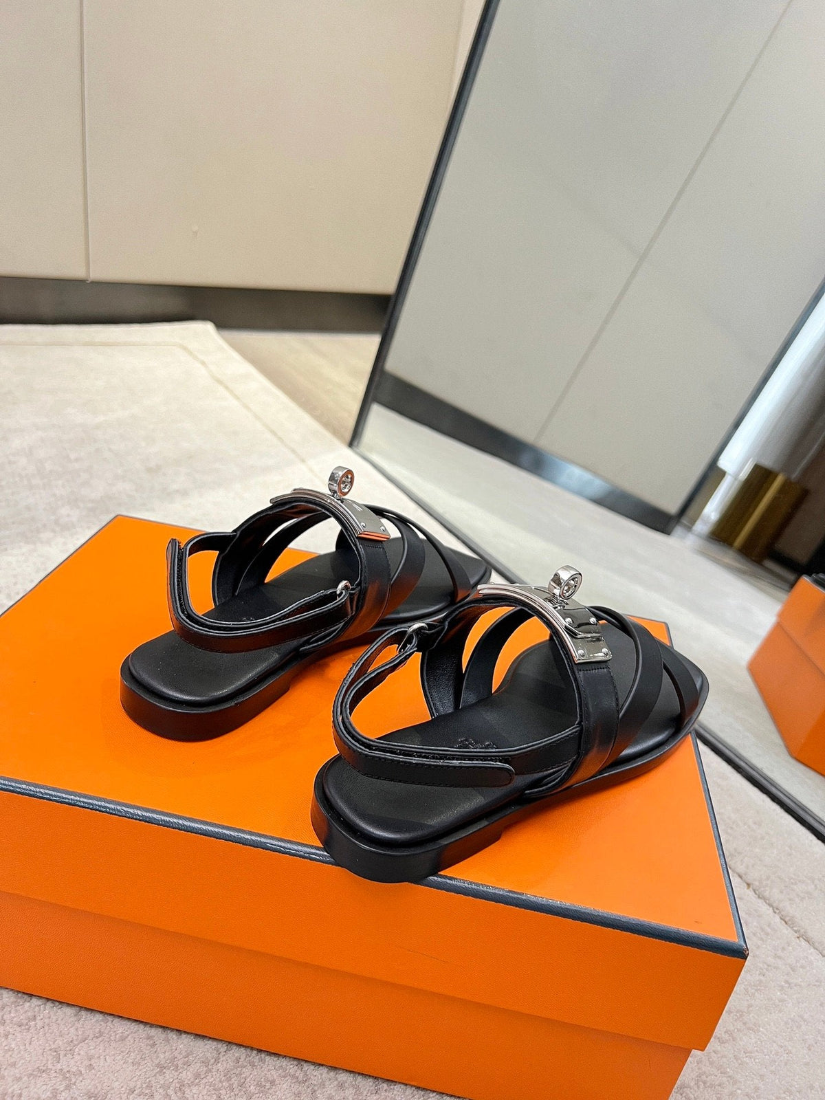 Hermes Ines Sandal Black Calfskin