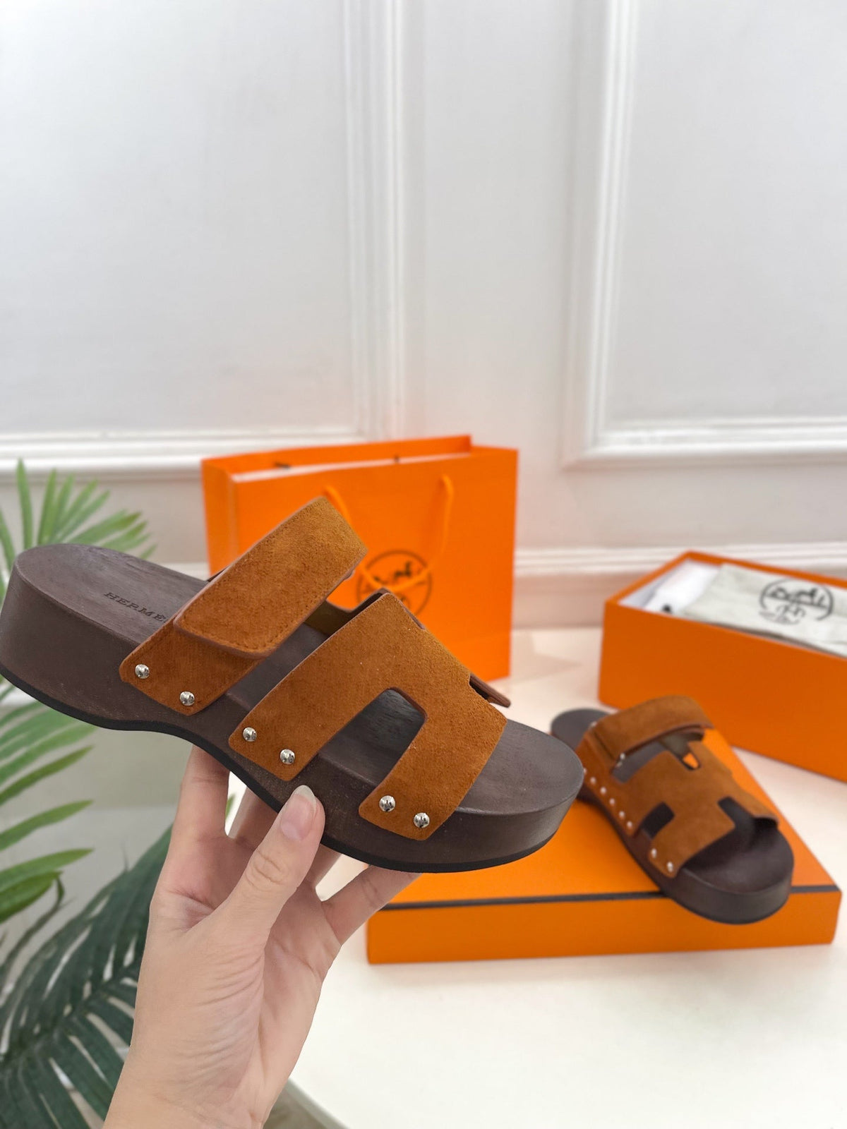 Hermes Kos Clog in Bronze Brown Suede