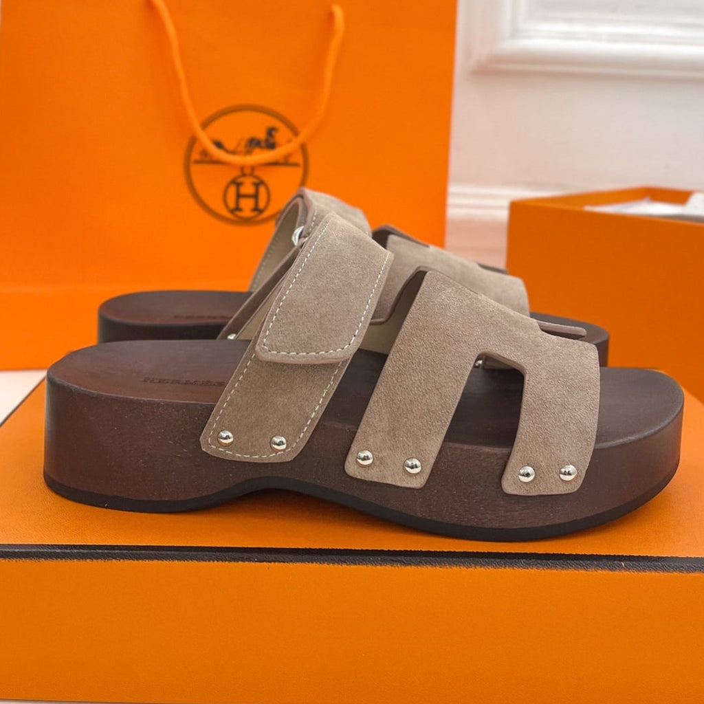 Hermes Kos Clog in Khaki Brown Suede