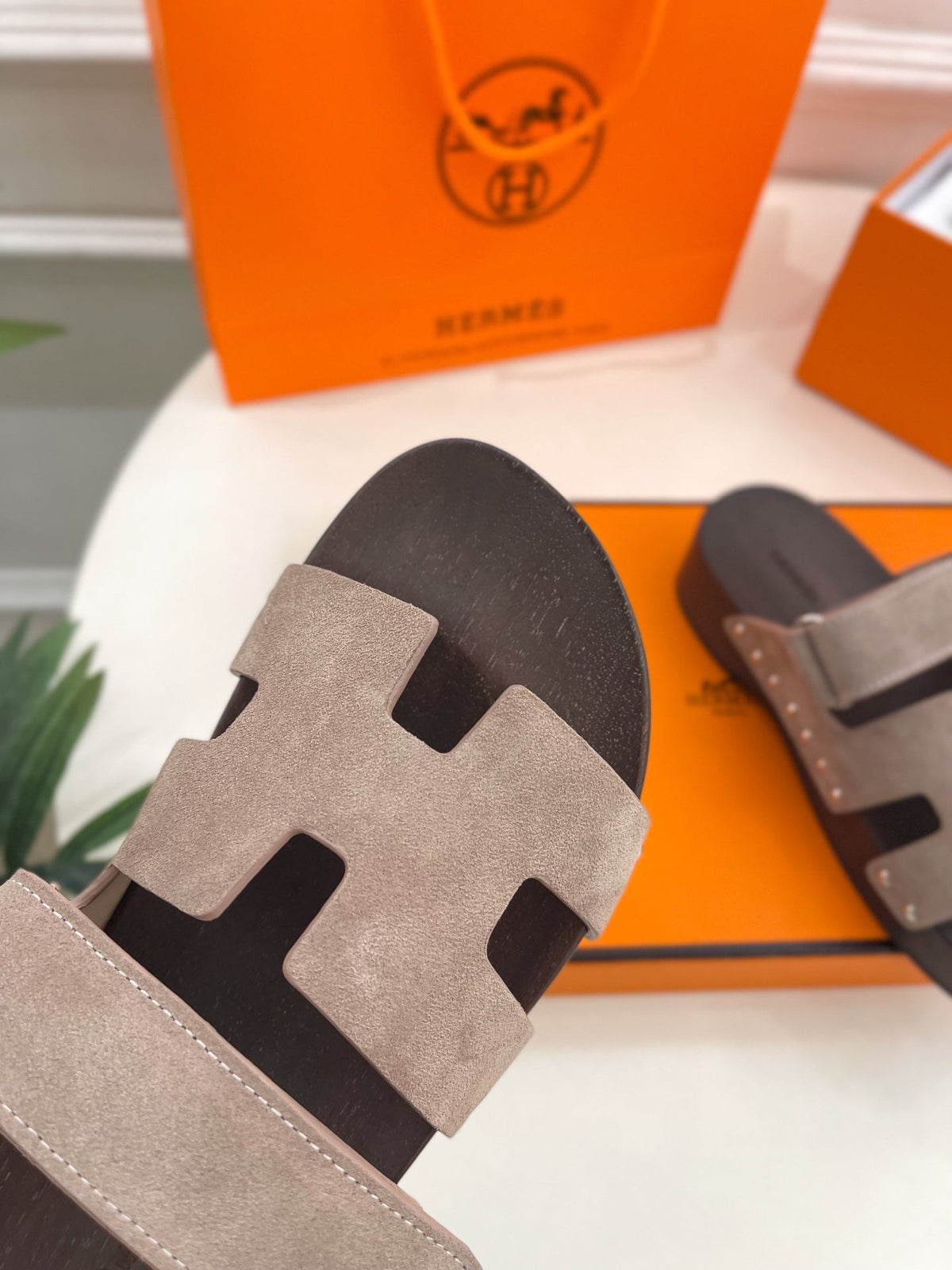 Hermes Kos Clog in Khaki Brown Suede