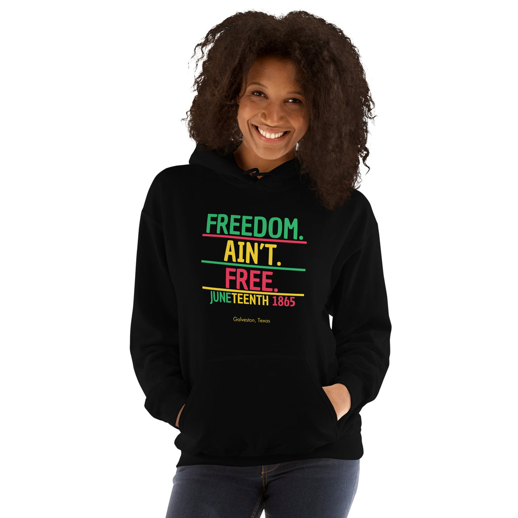 Juneteenth Black History Month Hoodie, "Freedom Ain't Free" Black Hooded Sweatshirt, Kwanzaa Gift, Black Holidays, Unisex Hoodie - ERODA Lifestyles