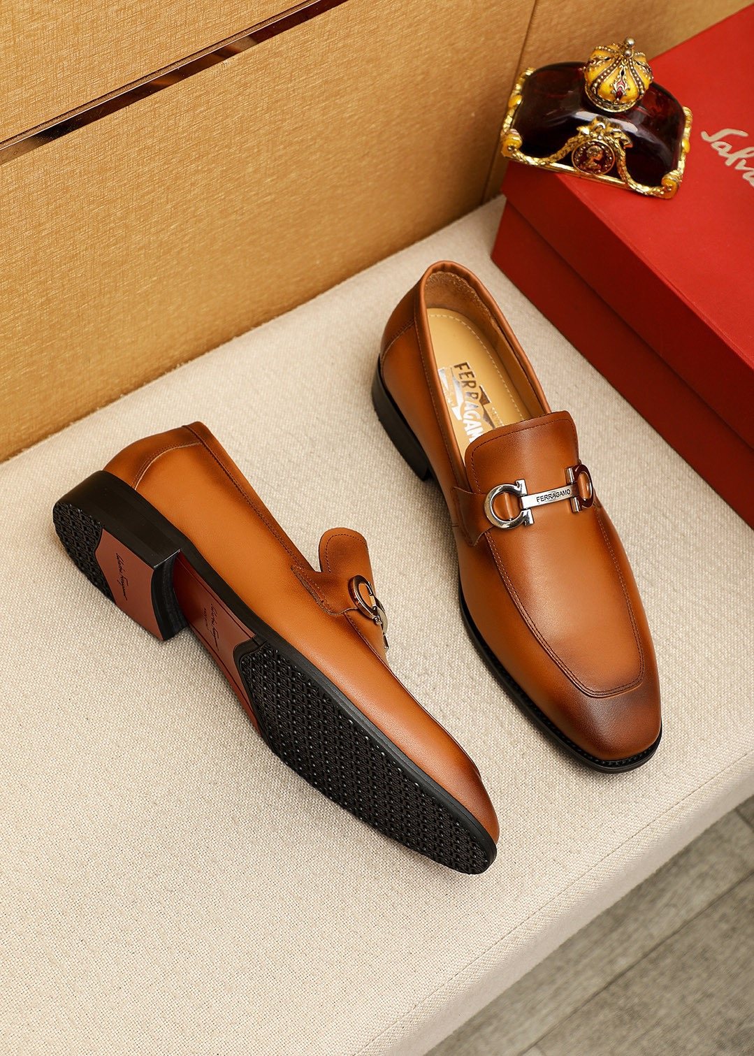 Ferragamo Brown Leather Hardware Loafers — front