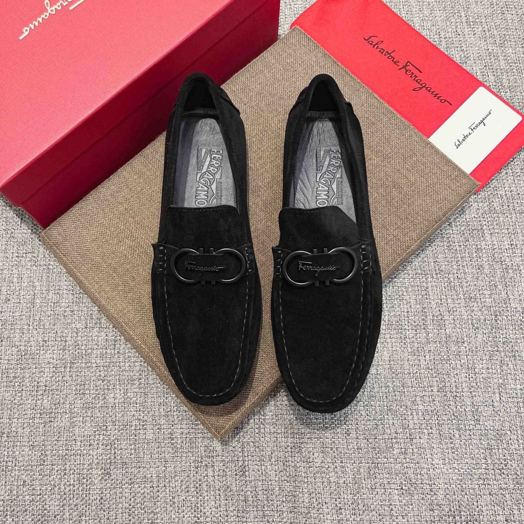 Ferragamo Black Buckle Loafers — front