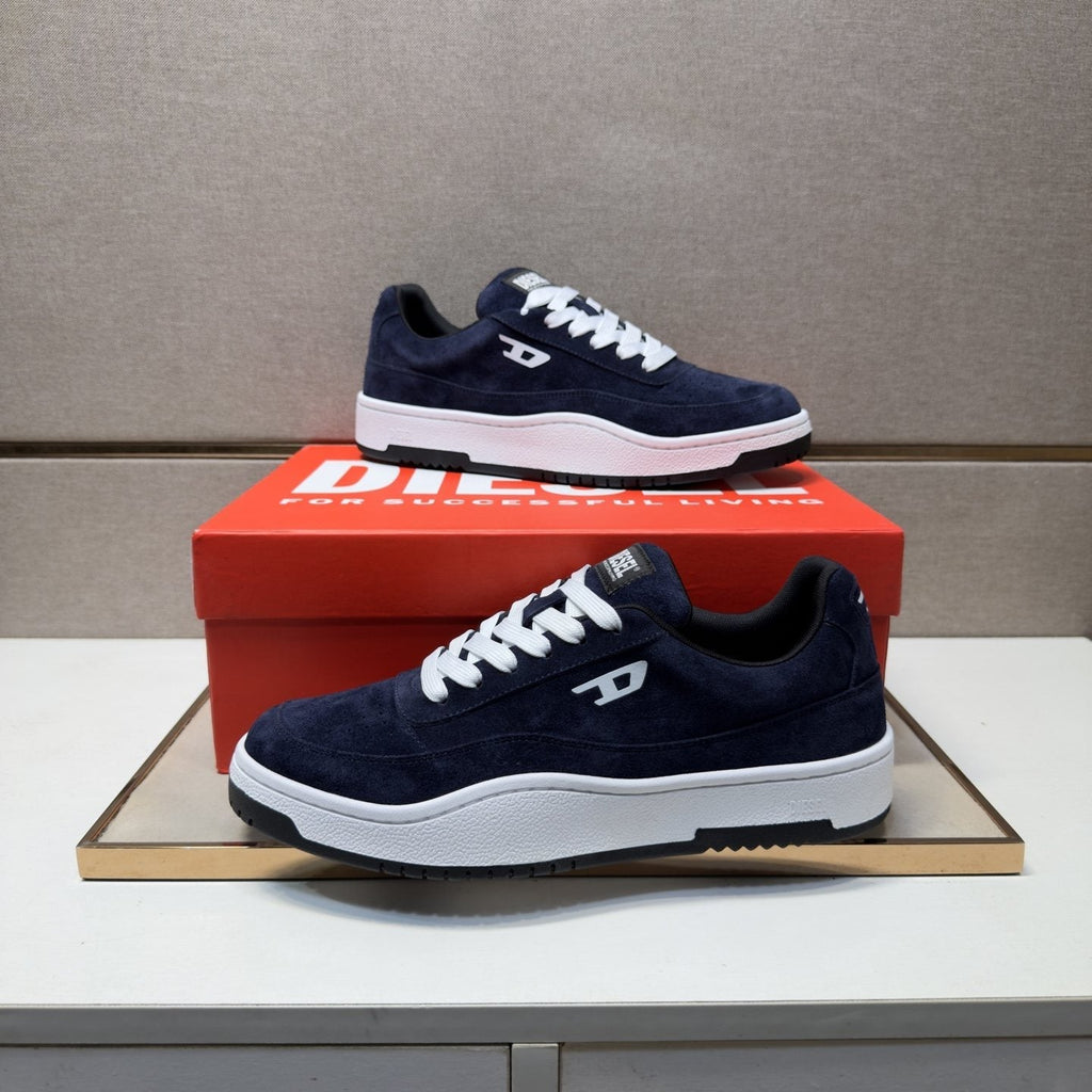 DIESEL Navy Blue and White Low-Top Sneakers — front