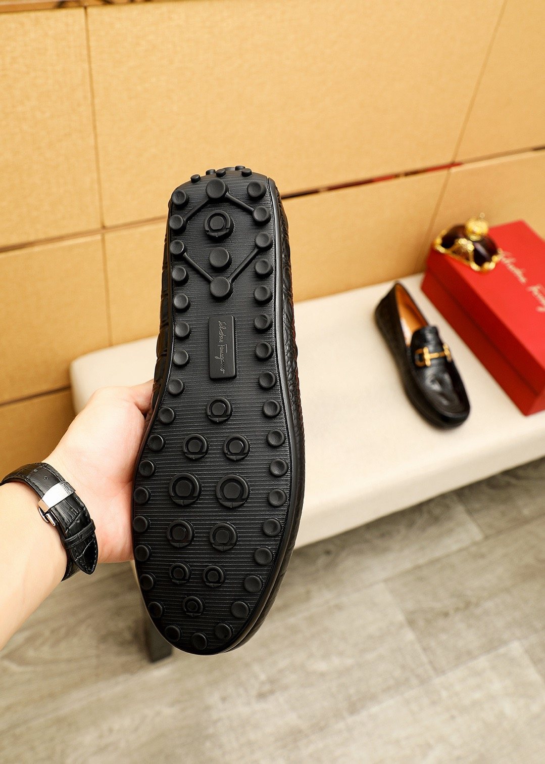 Ferragamo Black Embossed Leather Loafers — model