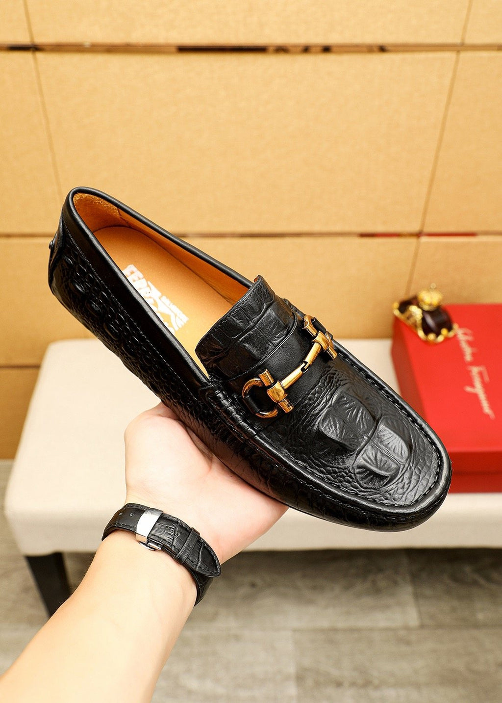 Ferragamo Black Embossed Leather Loafers — model