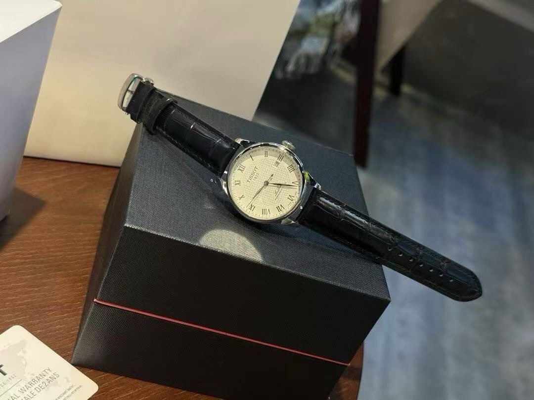 Tissot Cream Dial Black Leather Strap Watch — front