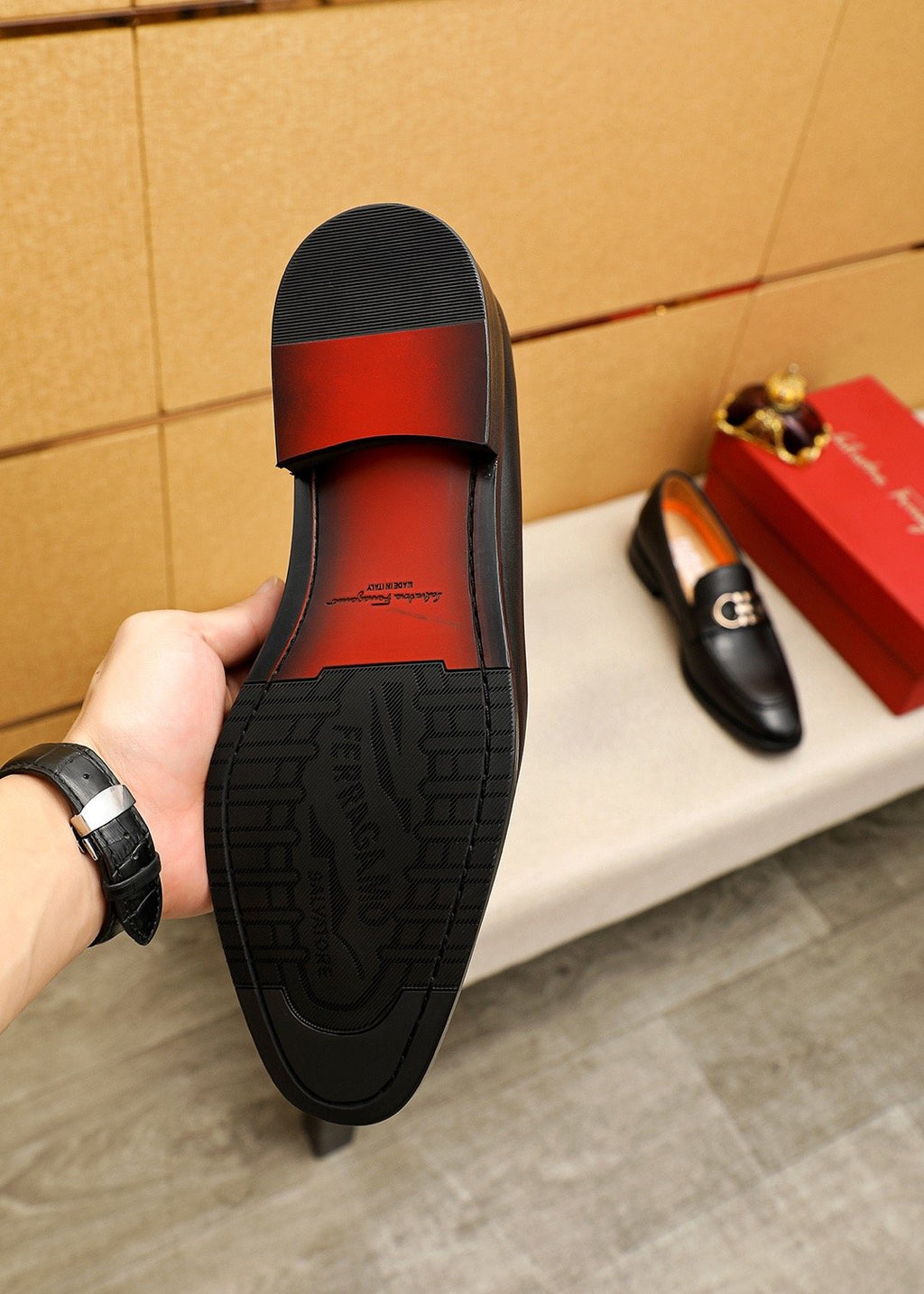 Ferragamo Black Buckle Loafers — side