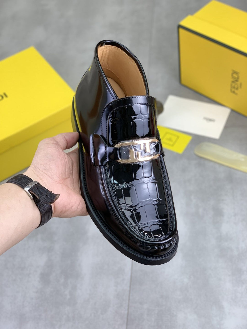 Fendi Black Glossy Buckle Loafers — front