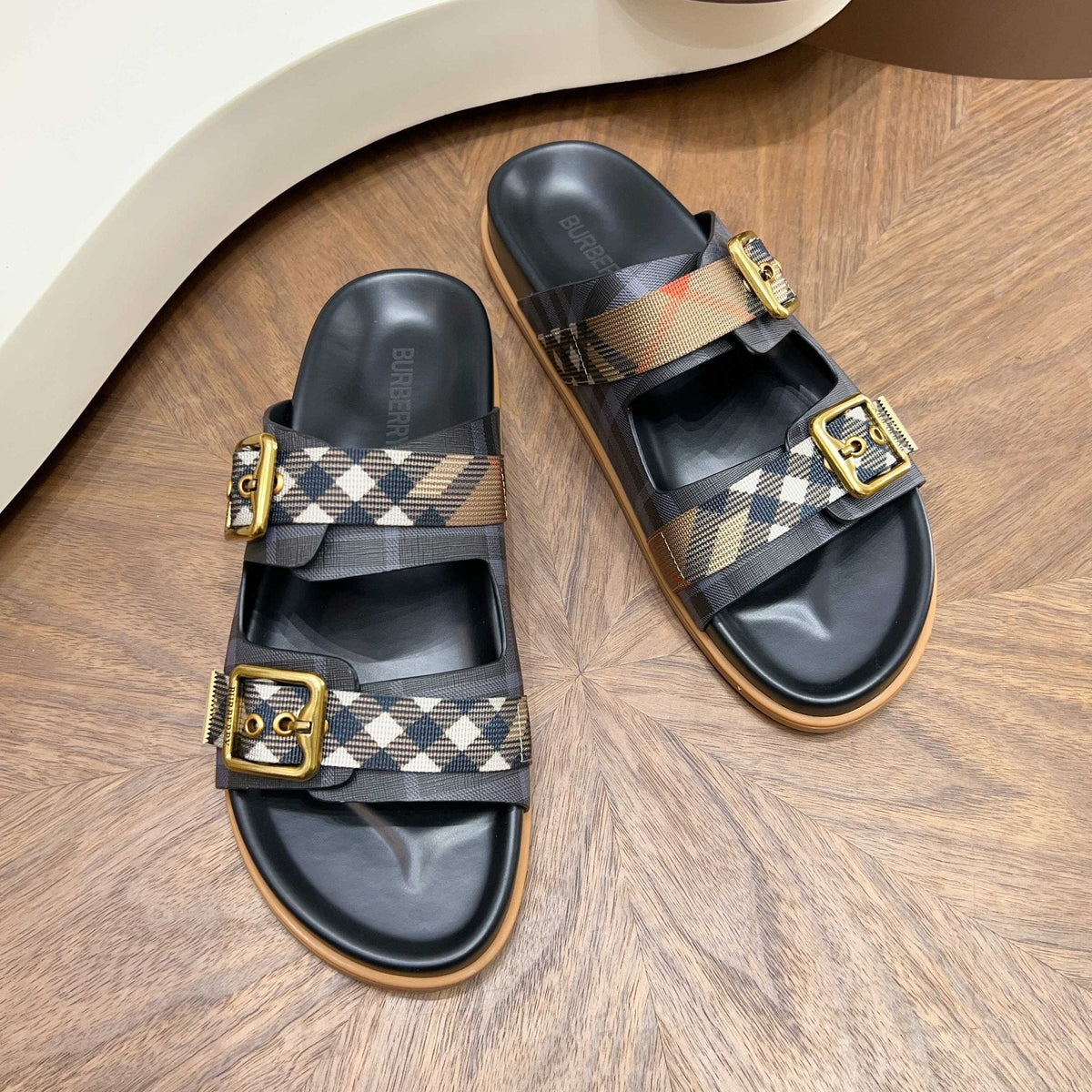 Burberry Black Plaid Two-Strap Slide Sandals — front