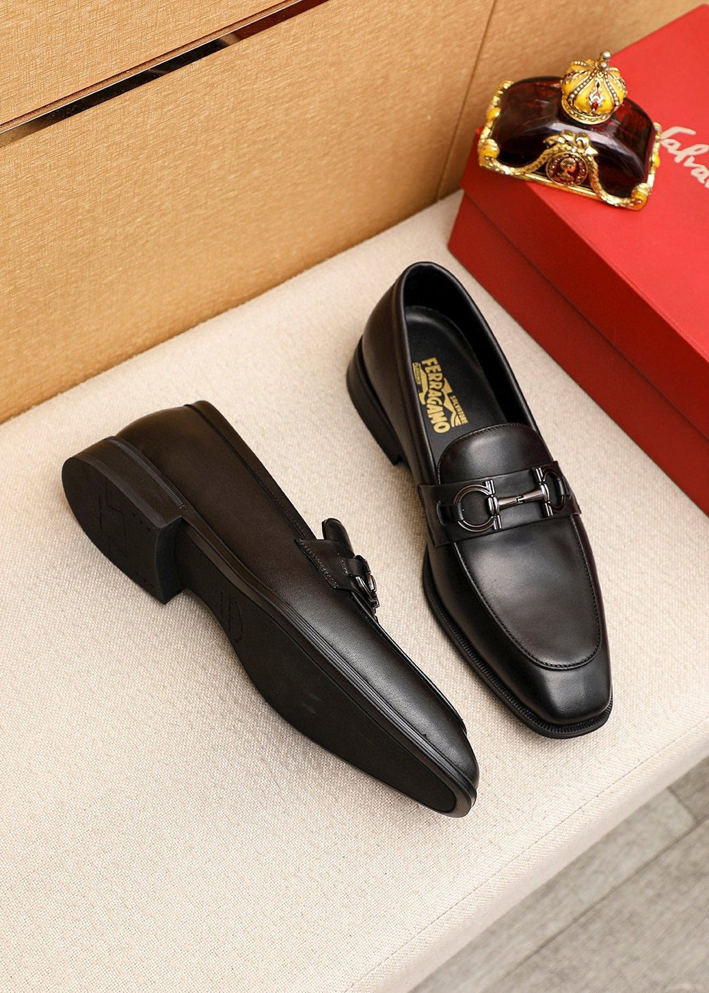 Ferragamo Black Leather Bit Loafers — side