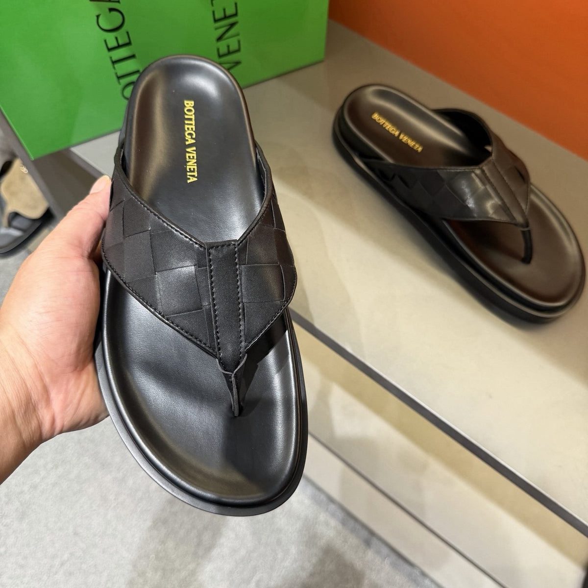Bottega Veneta Black Woven Thong Sandals — side