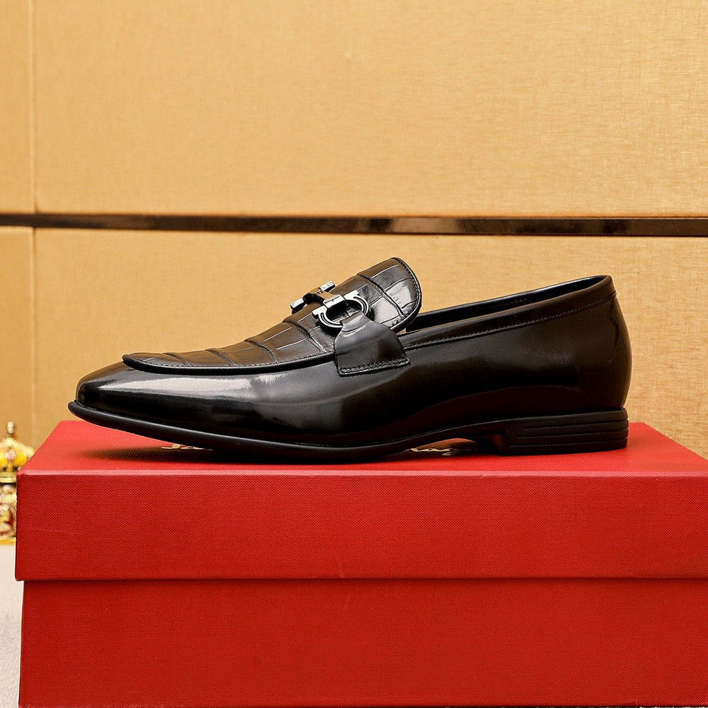 Ferragamo Black Embossed Buckle Loafers — side