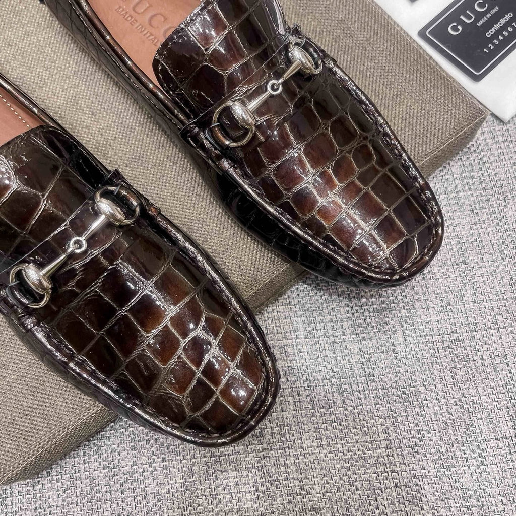 Gucci Dark Brown Horsebit Loafers — detail