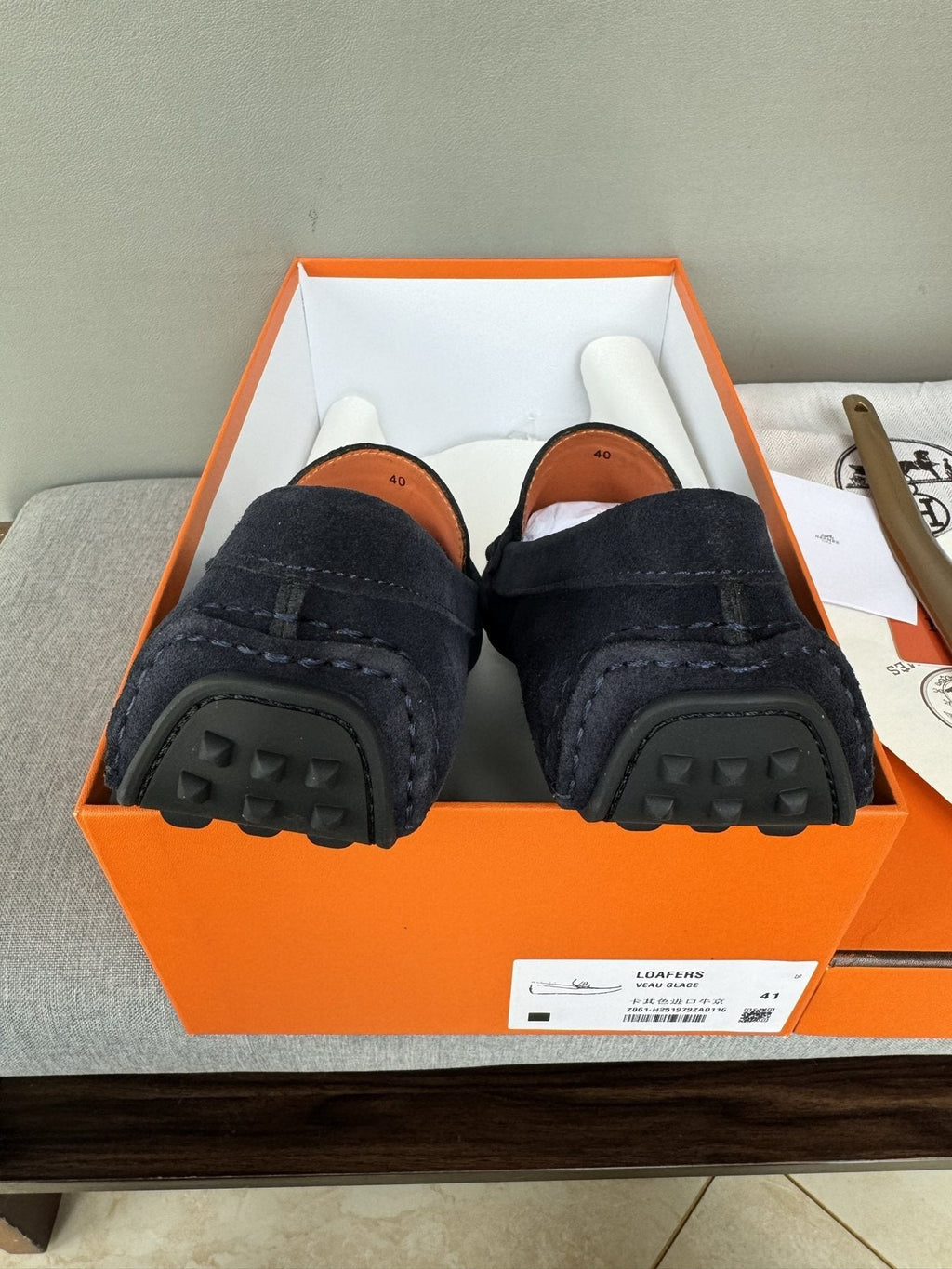 Hermès Navy Suede Driving Loafers — detail