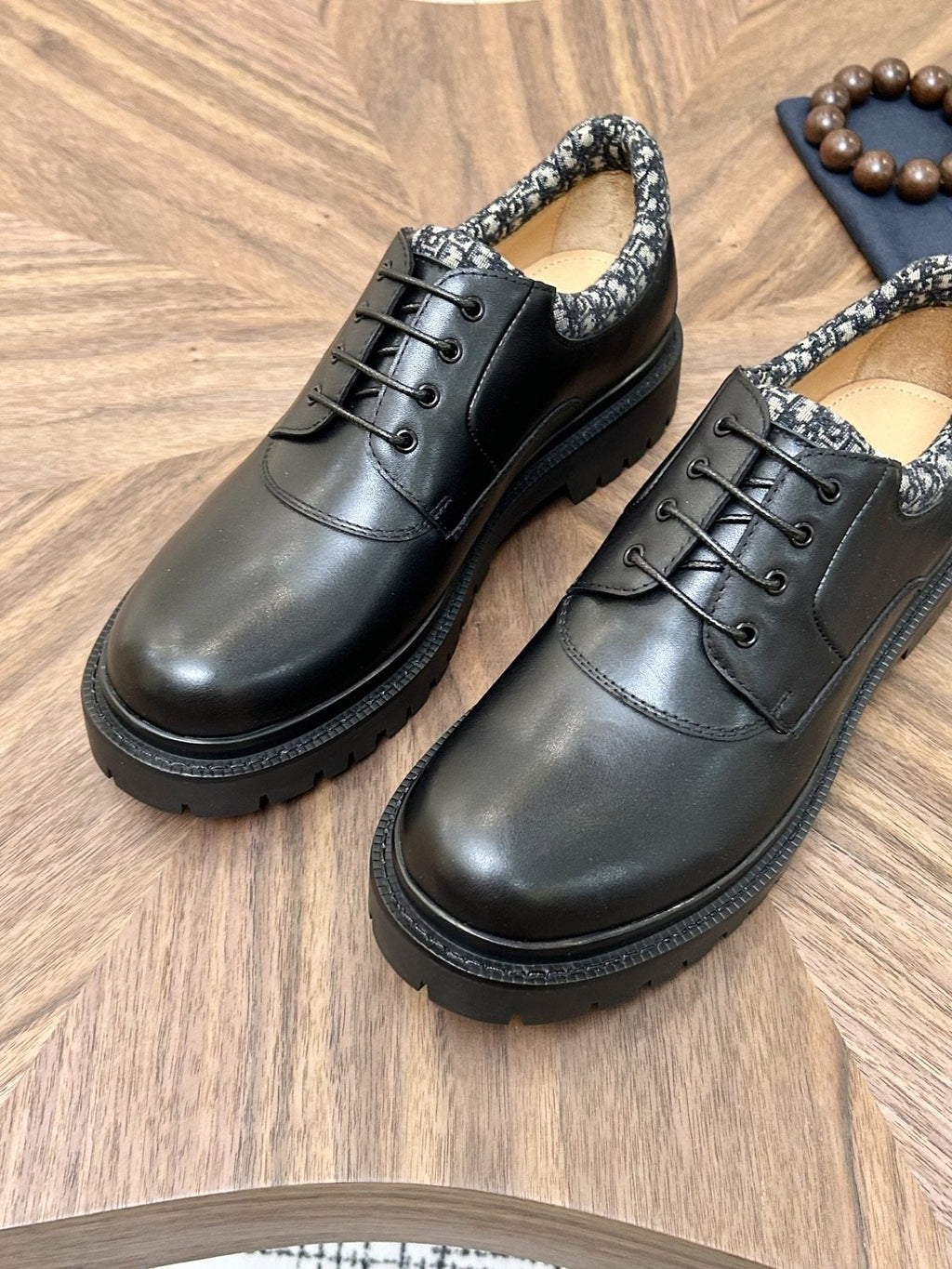 Dior Black Patterned-Collar Lace-Up Shoes — front
