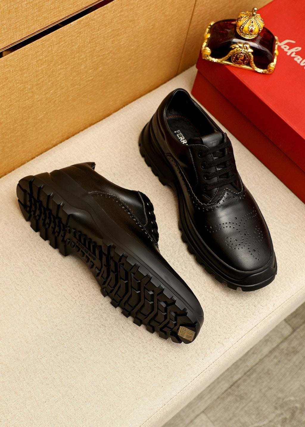 Ferragamo Black Perforated Lace-Up Shoes — side