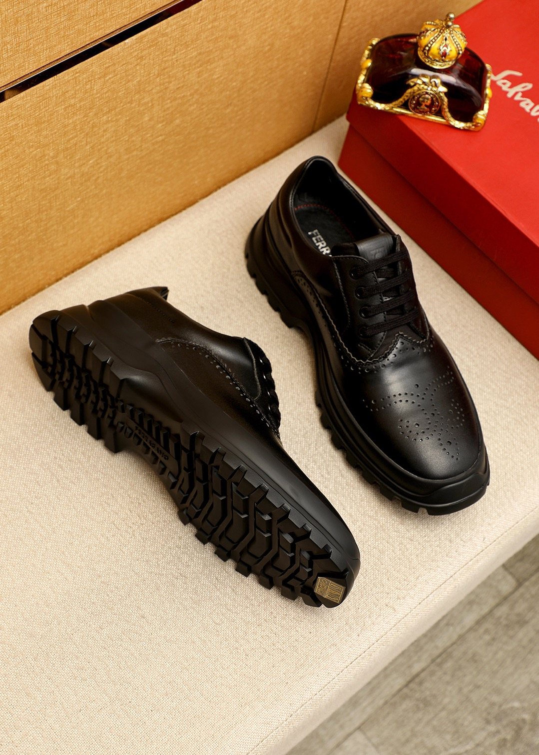 Ferragamo Black Perforated Lace-Up Shoes — side