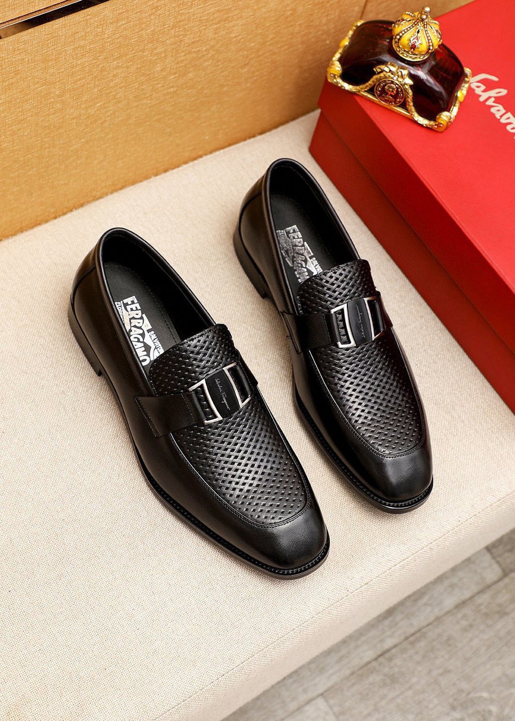 Ferragamo Black Buckle Loafers — hero