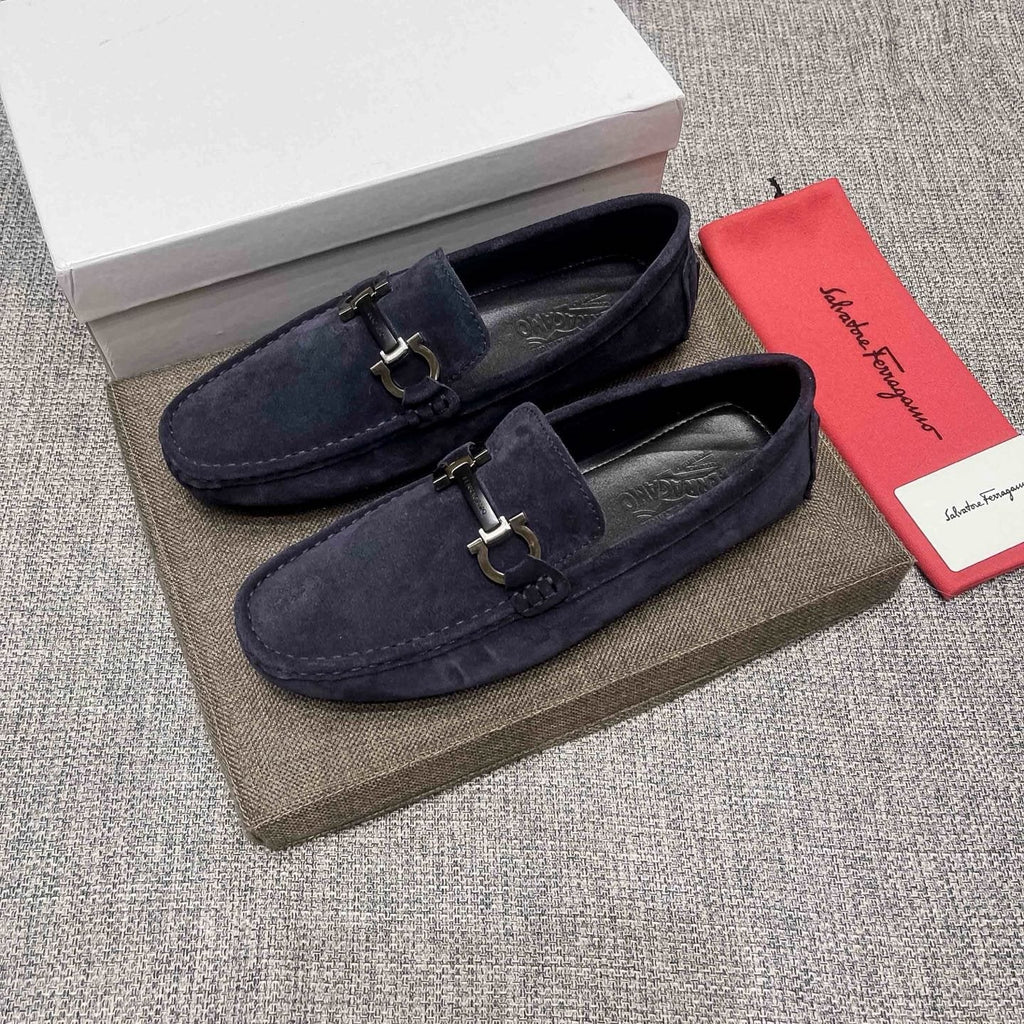 Ferragamo Navy Blue Bit Loafers — front